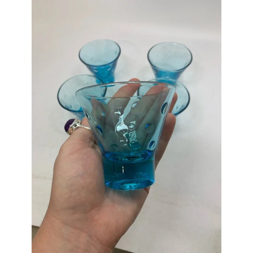 5 VTG FOOTED LIGHT BLUE CORDIAL GLASSES W/ EMBOSSED CIRCLES 3 